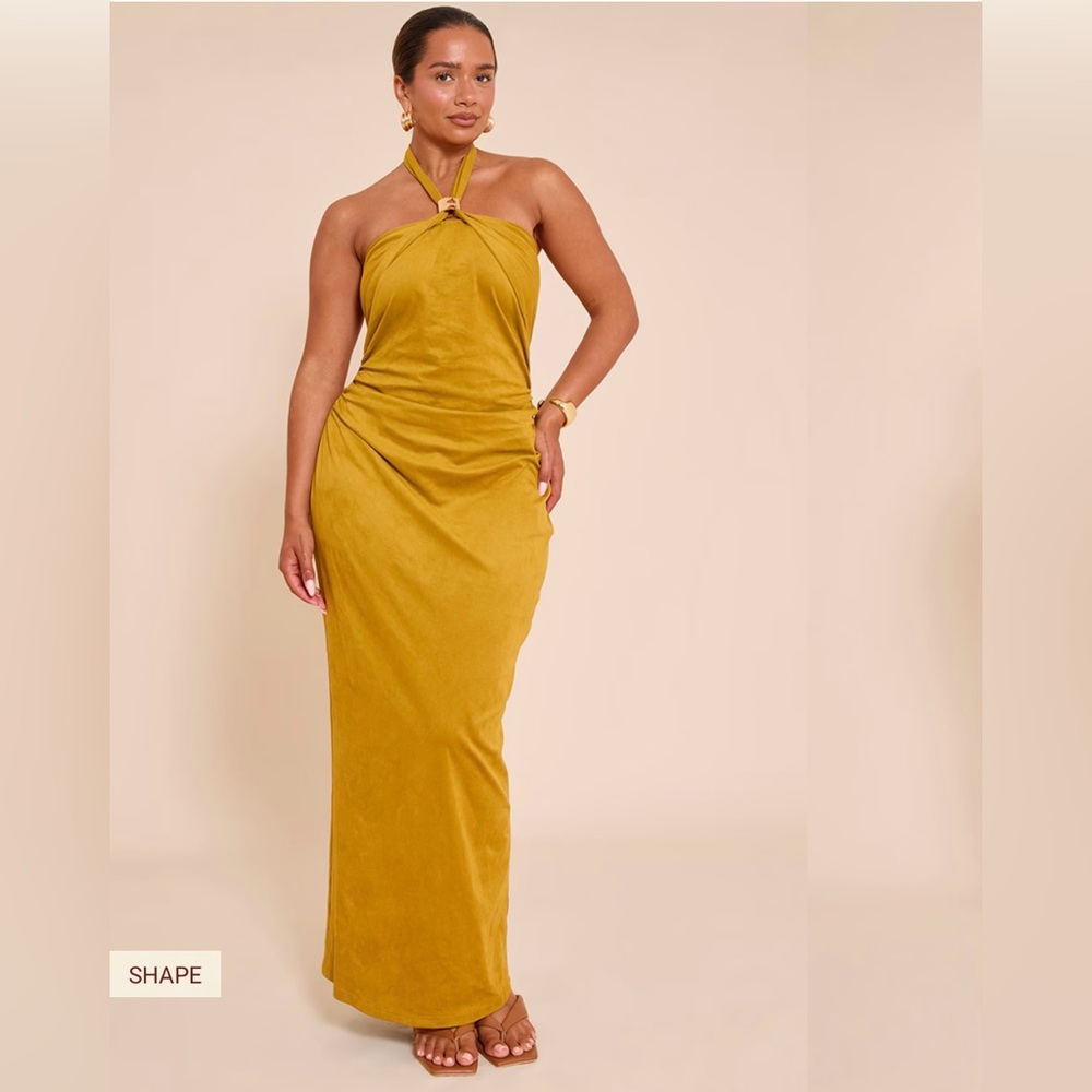 PLT Shape olive faux suede gold trim halter neck maxi dress